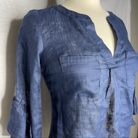 K). INC Ruffles Half arm length Sleeve V-neck Blouse Blue Petite NWT - Picture 9 of 12